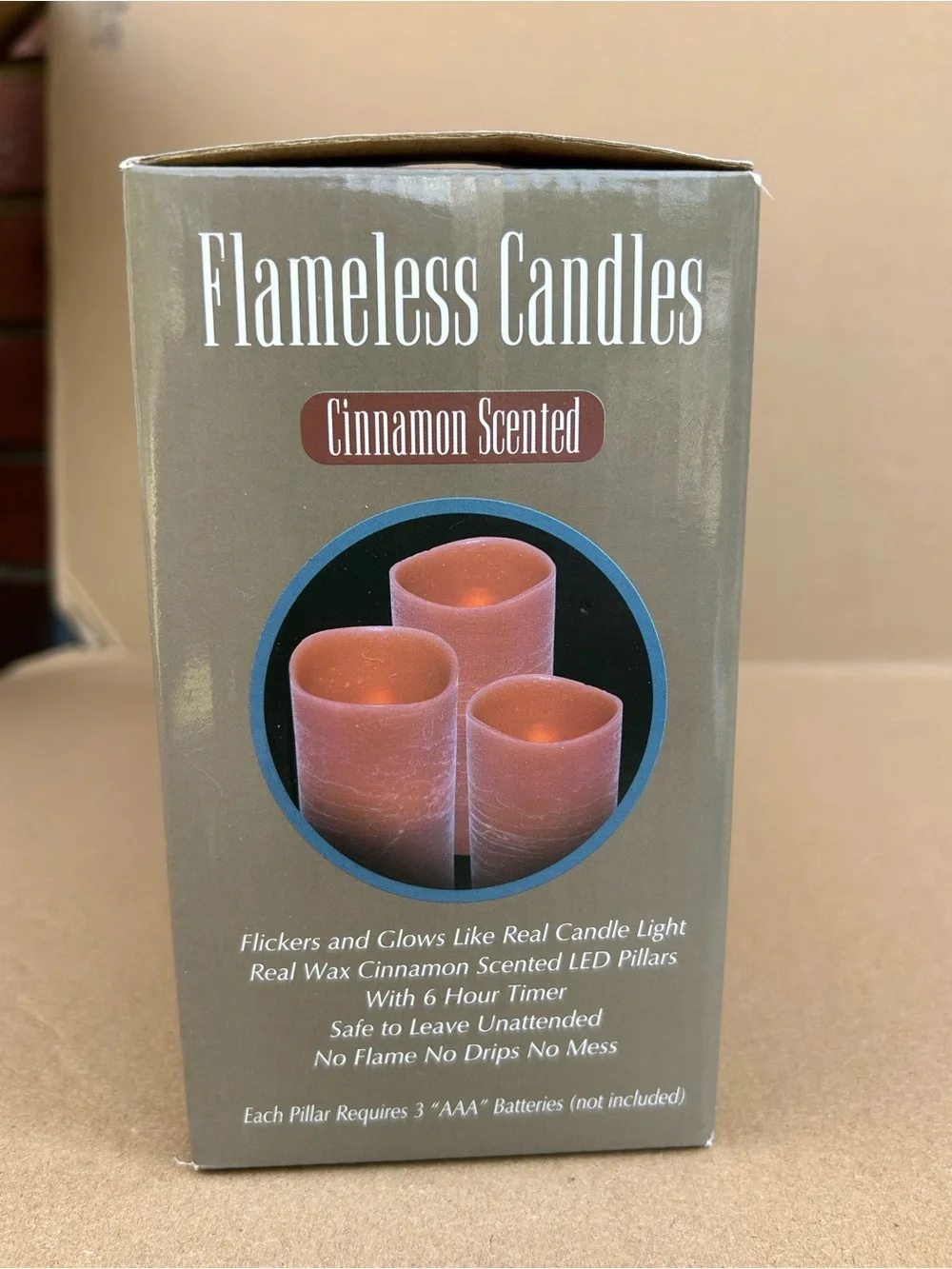 Flameless LED Pillar Candles Cinnamon Scented Real Wax Set of 3 Flickering